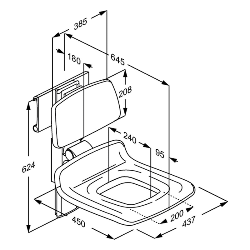 Pressalit PLUS Shower Seat 450 with Aperture incl. Backrest dimensioned drawing (R7455000)