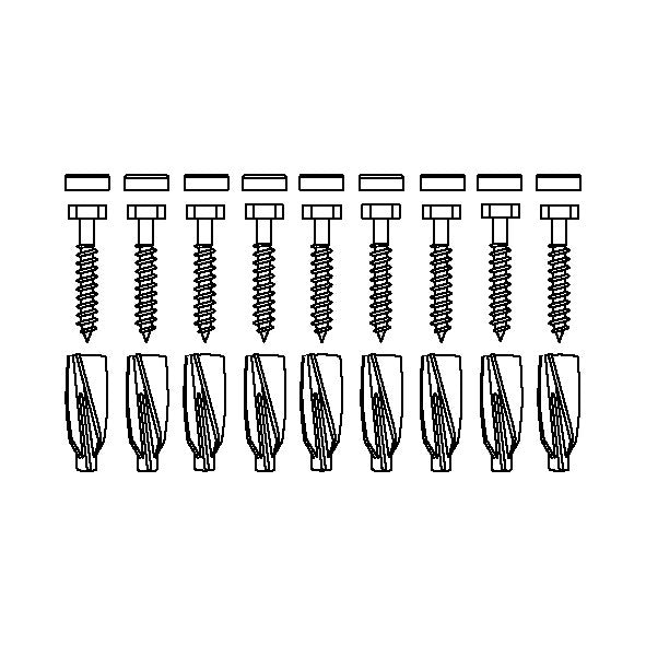 Pressalit Mounting Kit — 9 × Coach Screws Ø10 × 70 with GB14 Plugs & white screw covers, for Aerated Concrete (Aircrete) (V8661)
