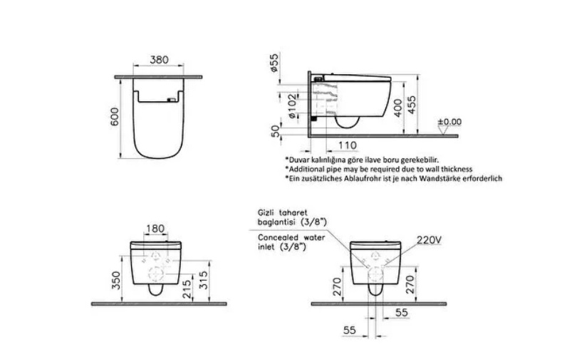Vitra V-Care Essential Rimless Wall Hung Automatic Bidet Toilet (56740036103)