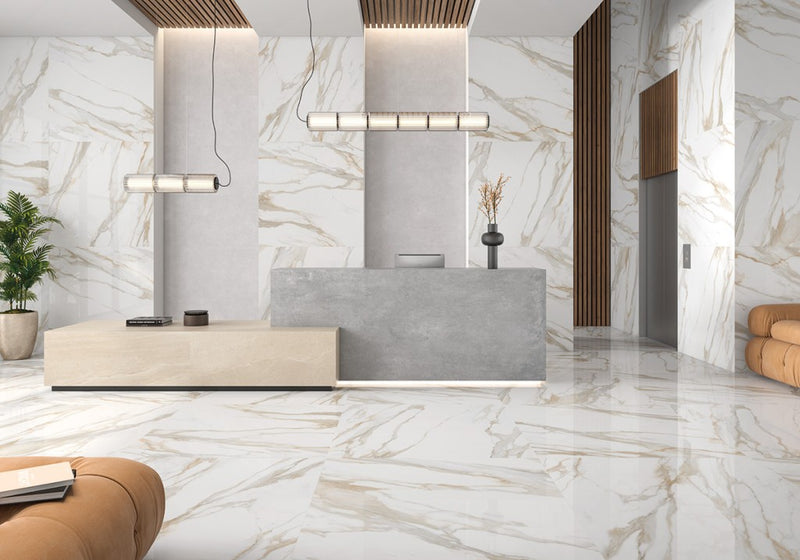 Estero Gold Marble Effect Polished Porcelain Wall & Floor Tile 1200x1200mm