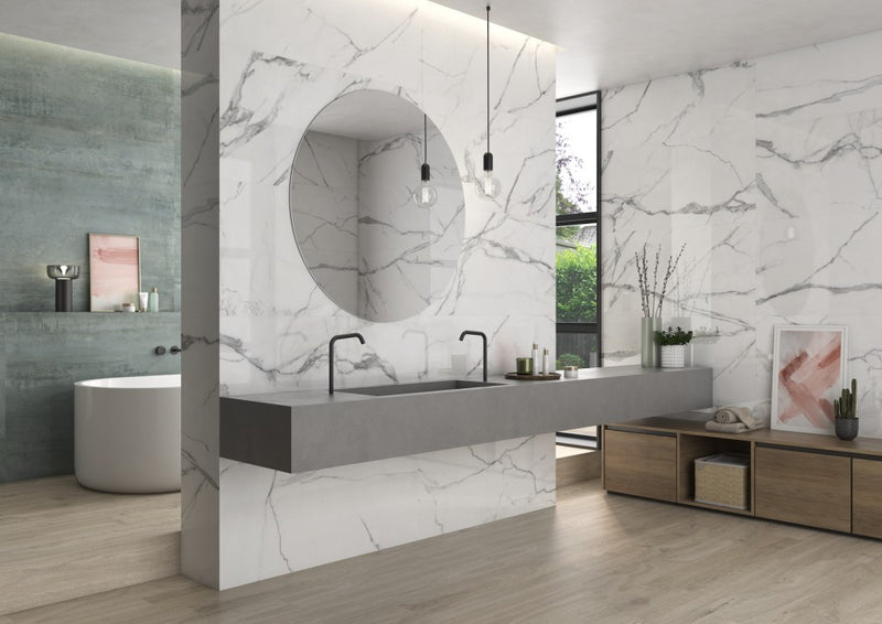 Estero White Marble Effect Polished Porcelain Wall & Floor Tile 600x1200mm