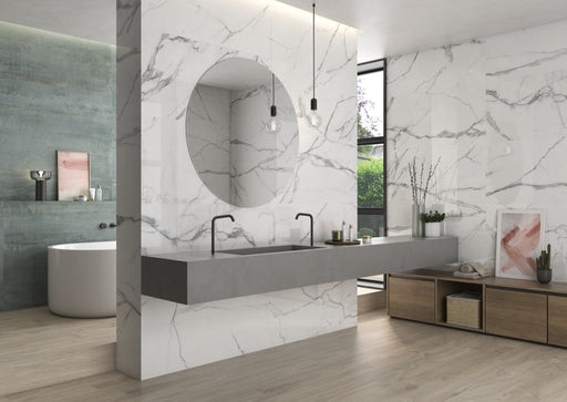 Estero White Marble Effect Polished Porcelain Wall & Floor Tile 600x1200mm