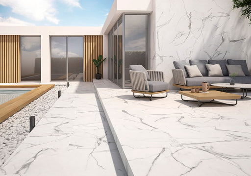 Estero White Marble Effect Textured Porcelain Outdoor Paving Tile 610x610x20mm