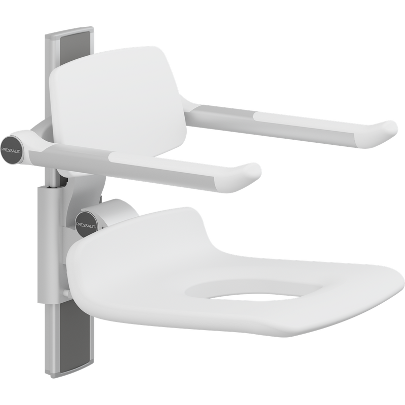 Pressalit PLUS Shower Seat 450 with Aperture incl. Backrest & Armrests, Manually Height Adjustable, White (R7435000)