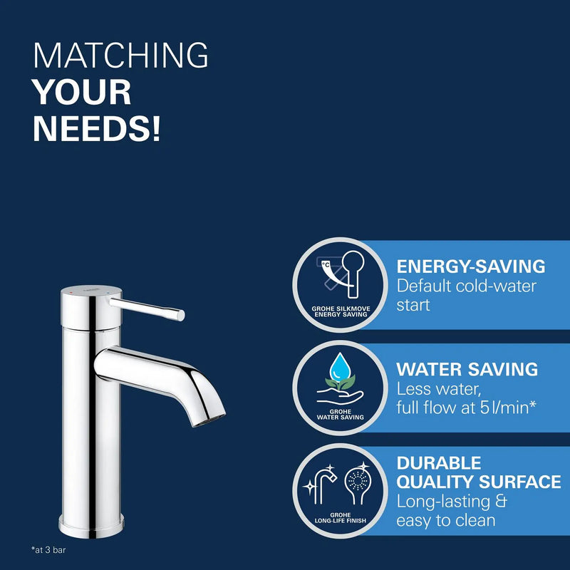 Grohe Essence Basin Mixer Tap S-Size push-open waste StarLight Chrome on basin lifestyle