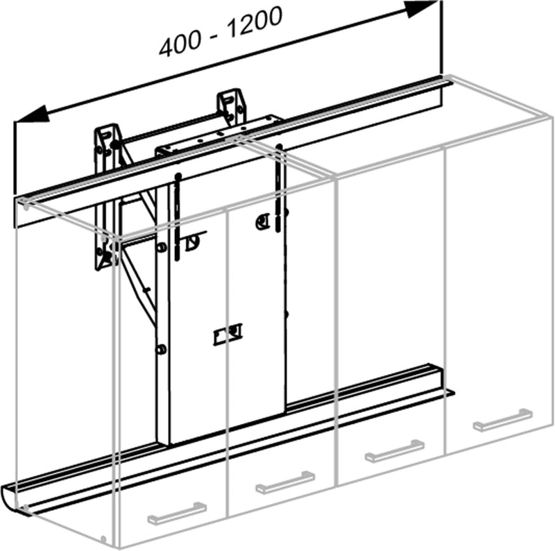 Pressalit INDIVO wall cupboard lift, 400-1200mm, dimensioned drawing