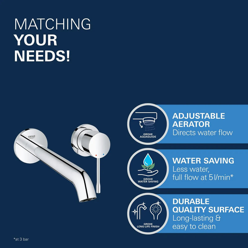Grohe Essence wall-mounted 2-hole basin mixer L-Size StarLight Chrome on basin lifestyle
