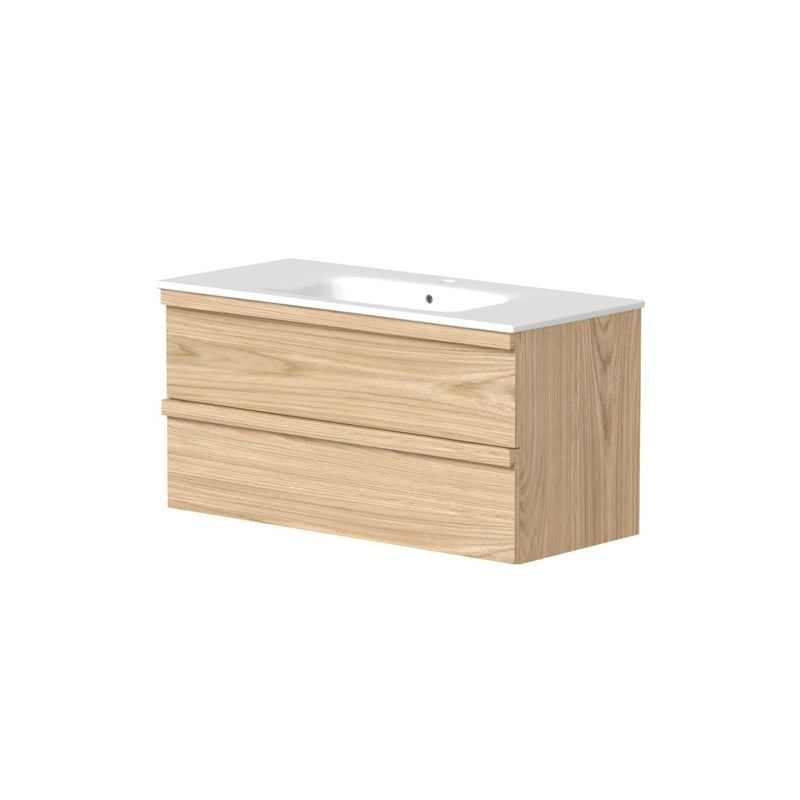 Fairford 1000mm Two Drawer Wall Hung Unit & Basin in Light Oak with Solid Wood Handles