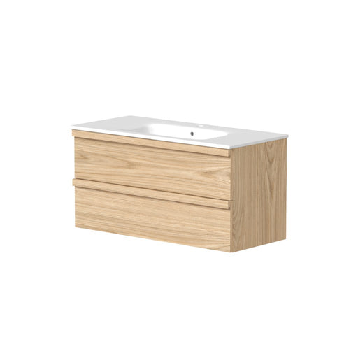 Fairford 1000mm Two Drawer Wall Hung Unit & Basin in Light Oak with Solid Wood Handles