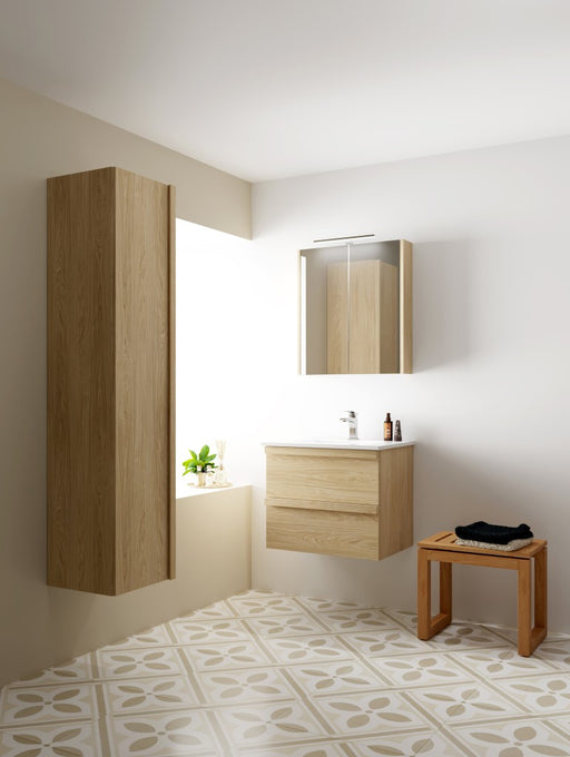 Fairford 600mm Two Drawer Wall Hung Unit & Basin in Light Oak with Solid Wood Handles