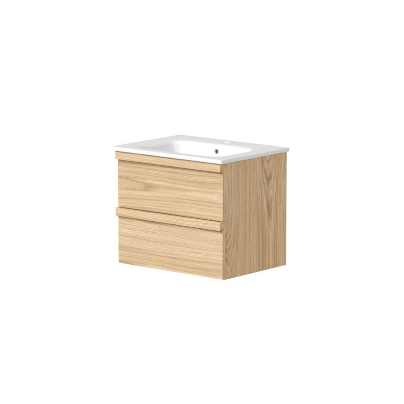 Fairford 600mm Two Drawer Wall Hung Unit & Basin in Light Oak with Solid Wood Handles - view 2