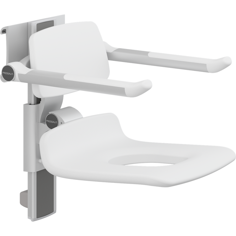 Pressalit PLUS Shower Seat 450 with Aperture incl. Backrest & Armrests, Manually Height & Sideways Adjustable, White (R7465000)