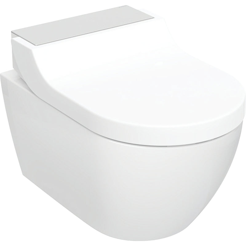 Geberit AquaClean Tuma Comfort wall hung shower toilet in brushed stainless steel