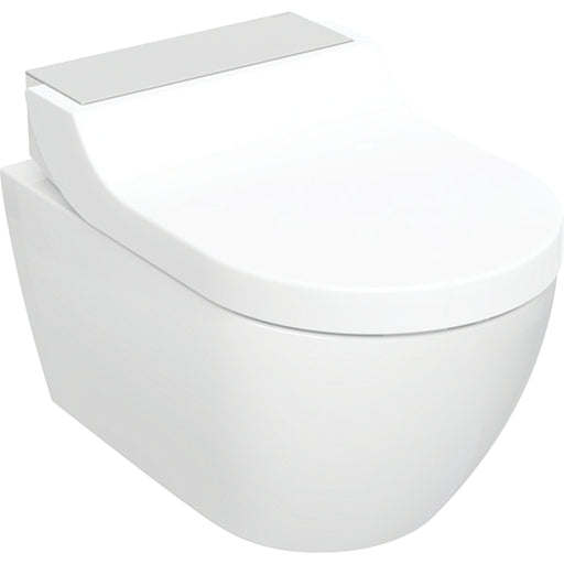 Geberit AquaClean Tuma Comfort wall hung shower toilet in brushed stainless steel
