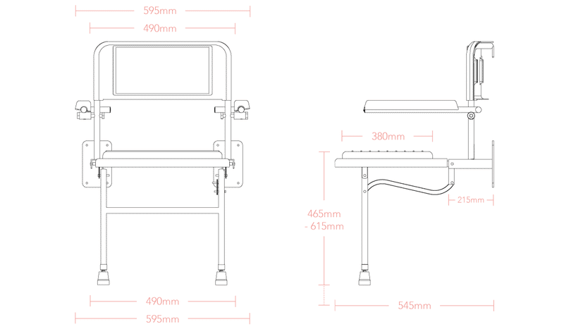 Impey Deluxe padded fold down shower seat S1/P dimensions line drawing