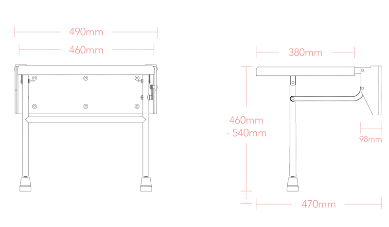 Impey fold down shower seat S2 dimensions line drawing