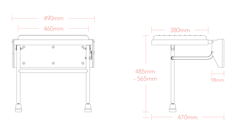 Impey padded fold down shower seat S2/P dimensions line drawing