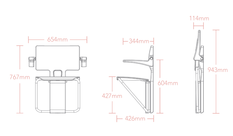 Impey Slimfold Horseshoe shower seat dimensions line drawing