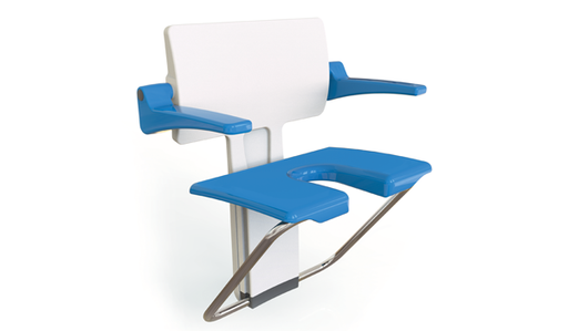 Impey Slimfold Horseshoe fold up shower seat with back and arms, shown folded down (illustrated in Sky Blue, supplied in White Stone)