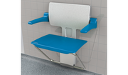 Impey Slimfold fold-up shower seat with back and arms, shown folded down in Sky Blue