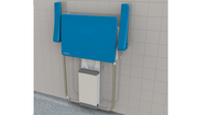 Impey Slimfold shower seat with back and arms folded up against the wall, Sky Blue