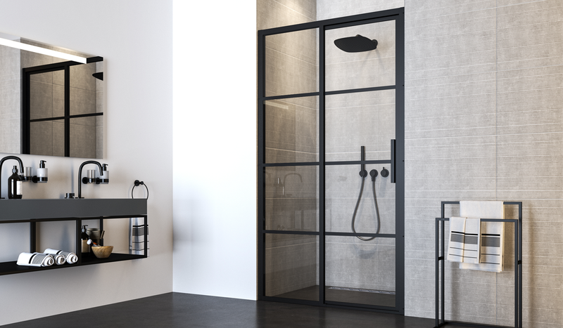 Impey Soho black sliding wetroom door, roomset