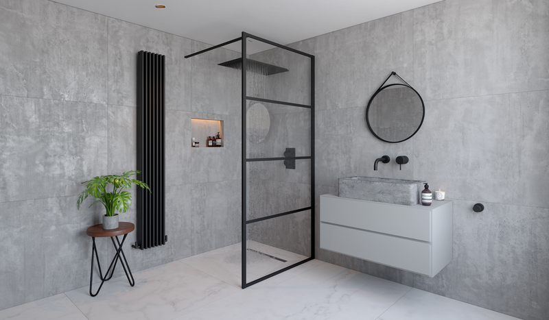 Impey Soho black framed wetroom walk-in glass panel, roomset