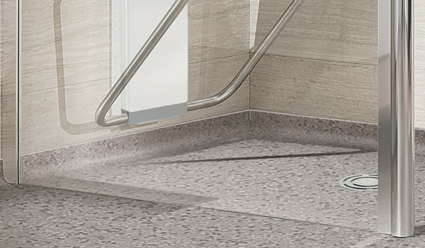 Impey Supreme glass wetroom screen base and pole detail on wetroom floor