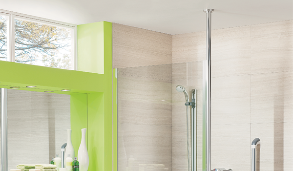 Impey Supreme glass wetroom screen with floor to ceiling pole, roomset