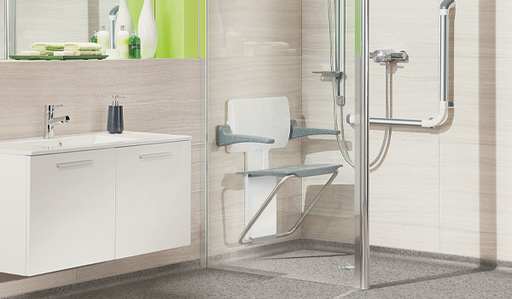 Impey Supreme glass wetroom screen with ceiling pole, shower seat and grab rail roomset