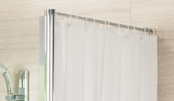 Impey Supreme glass wetroom screen wall braced with bracing bar and curtain, top detail
