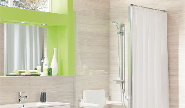 Impey Supreme glass wetroom screen with ceiling pole and shower curtain