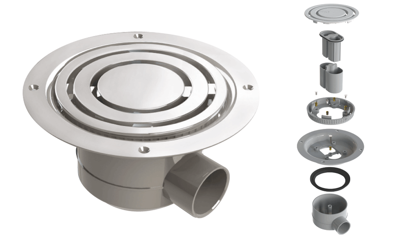 Impey vinyl gravity wetroom drain, horizontal outlet, exploded view