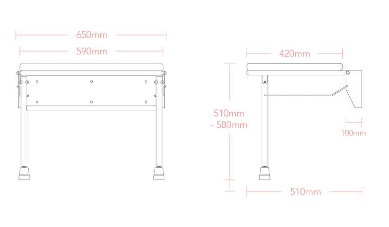 Impey wide padded fold down shower seat S9 dimensions line drawing