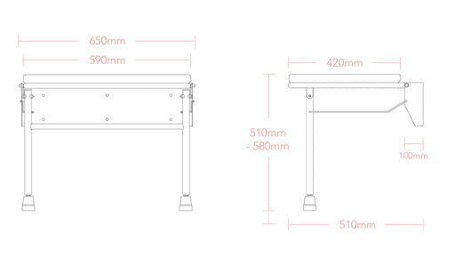 Impey wide padded fold down shower seat S9 dimensions line drawing