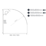Kartell JT Fusion quadrant shower tray dimension drawing – 900 x 900mm, 45mm height, 550mm radius