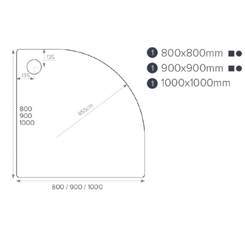 Kartell JT Fusion quadrant shower tray dimension drawing – 900 x 900mm, 45mm height, 550mm radius