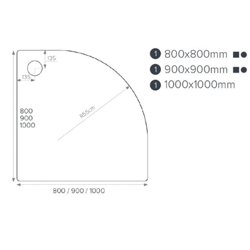 Kartell JT Fusion quadrant shower tray dimension drawing – 900 x 900mm, 45mm height, 550mm radius