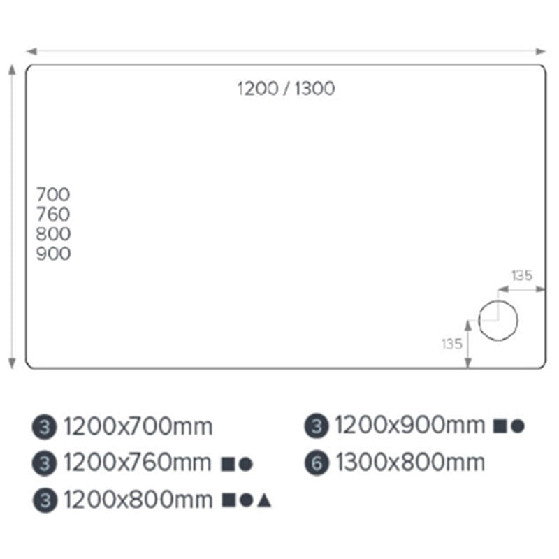Kartell JT Fusion rectangular shower tray dimension drawing – 1200 x 800mm, 45mm height, corner waste position