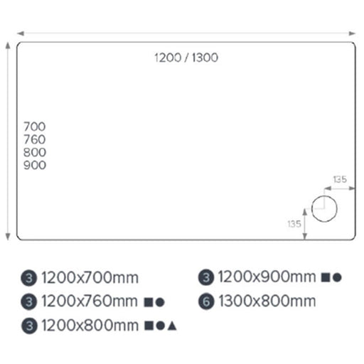 Kartell JT Fusion rectangular shower tray dimension drawing – 1200 x 800mm, 45mm height, corner waste position