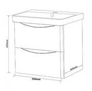 Kartell K-VIT Arc 500mm wall mounted 2 drawer unit in White Gloss (ARC500WM-W) - dimensions diagram