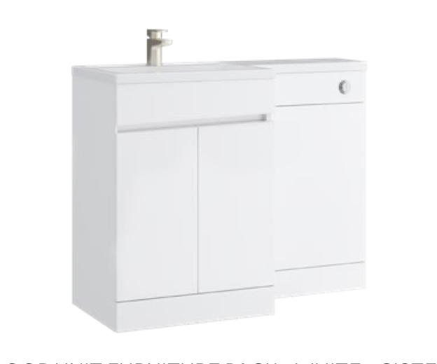 Kartell K-VIT Atlantis 1100mm L-shaped furniture pack in white, left hand with basin on the left (ATL500LSWC ATL600LSVU FUR430NEW ACC001N)