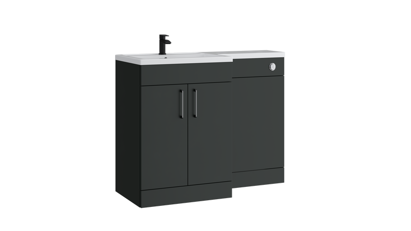 Kartell K-VIT Dove 1100mm L-shaped door unit furniture pack in matt anthracite with 600mm vanity unit, WC unit and L-shaped ceramic basin (left hand configuration illustrated)