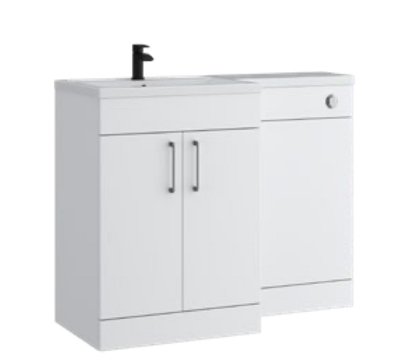 Kartell K-VIT Dove 1100mm L-shaped door unit furniture pack in matt white with 600mm vanity unit, WC unit and L-shaped ceramic basin