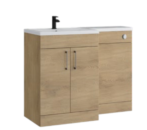 Kartell K-VIT Dove 1100mm L-shaped door unit furniture pack in torro oak with 600mm vanity unit, WC unit and L-shaped ceramic basin (left hand configuration illustrated)