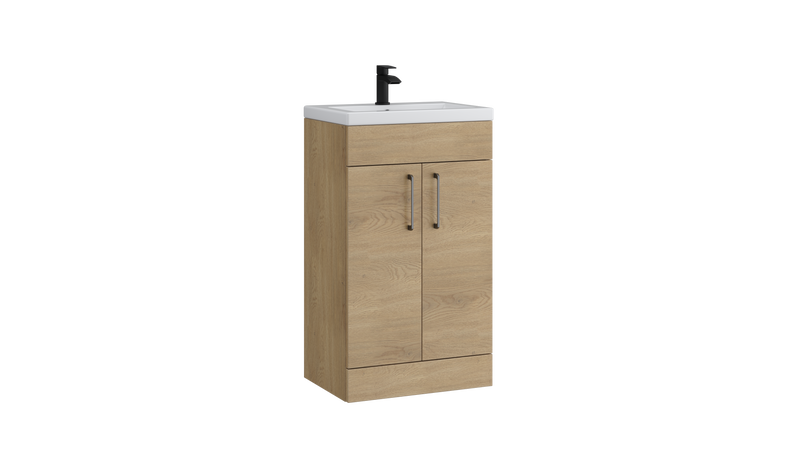 Kartell K-VIT Dove 500mm 2 door slimline floor standing vanity unit with white ceramic basin in torro oak (DOV500SL-TO)