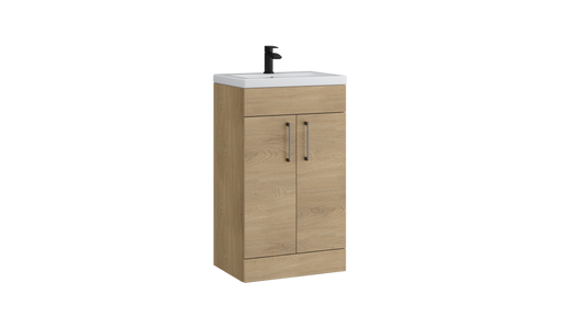 Kartell K-VIT Dove 500mm 2 door slimline floor standing vanity unit with white ceramic basin in torro oak (DOV500SL-TO)