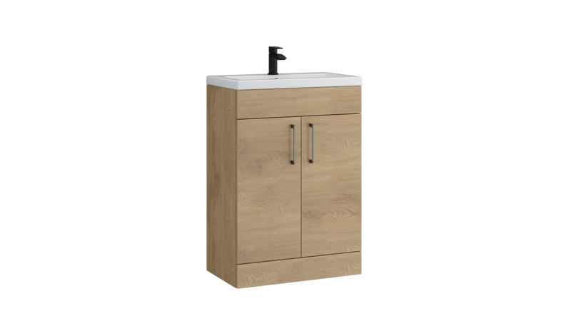Kartell K-VIT Dove 600mm 2 door slimline floor standing vanity unit with white ceramic basin in torro oak (DOV600SL-TO)