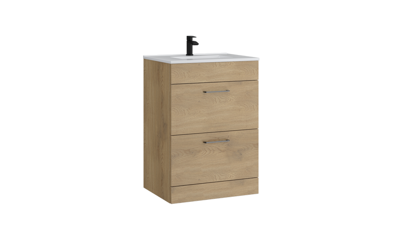 Kartell K-VIT Dove 600mm 2 drawer floor standing vanity unit with white ceramic basin in torro oak (DOV600FSDR-TO)