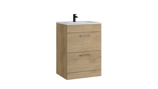 Kartell K-VIT Dove 600mm 2 drawer floor standing vanity unit with white ceramic basin in torro oak (DOV600FSDR-TO)